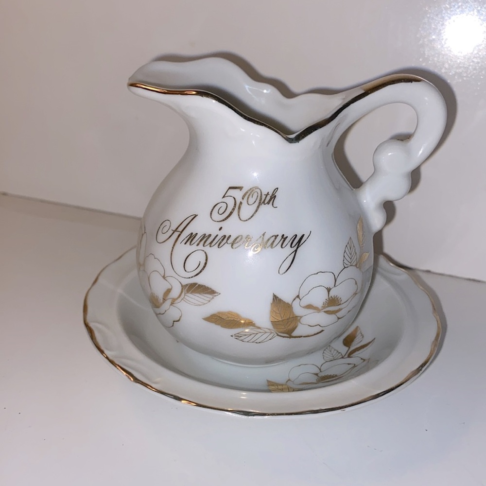 50th Anniversary Small White And Gold Trim Pitcher And Bowl Set Jorge Go…
